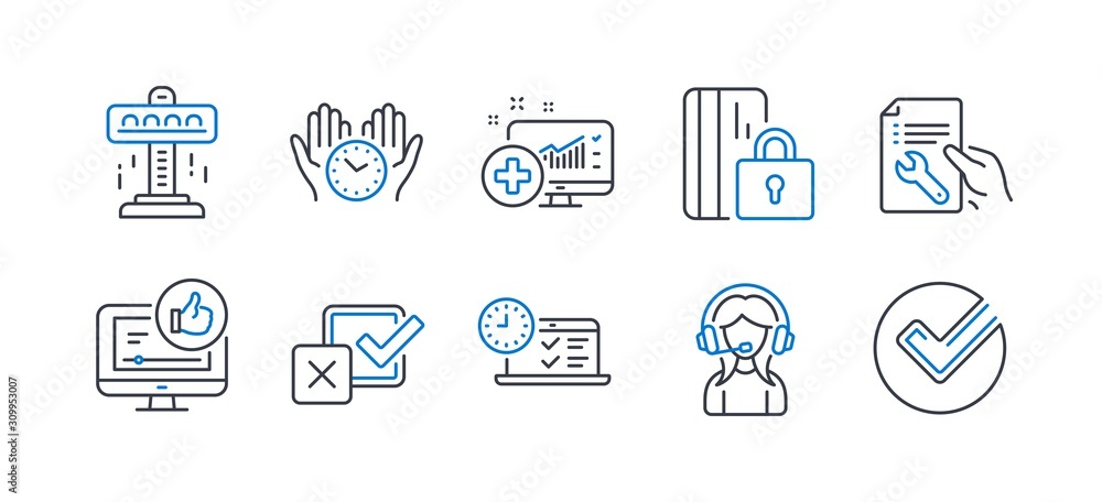 Set of Technology icons, such as Attraction, Support, Medical analytics, Safe time, Checkbox, Online test, Like video, Blocked card, Repair document, Verify line icons. Line attraction icon. Vector Set of Technology icons, such as Attraction, Support, Medical analytics, Safe time, Checkbox, Online test, Like video, Blocked card, Repair document, Verify line icons. Line attraction icon. Vector