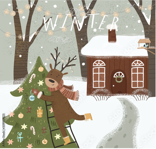 Cute vector illustration of an animal deer decorating a Christmas tree in the winter forest on nature and a cozy house. Freehand drawing for christmas or new year card, background or poster.
