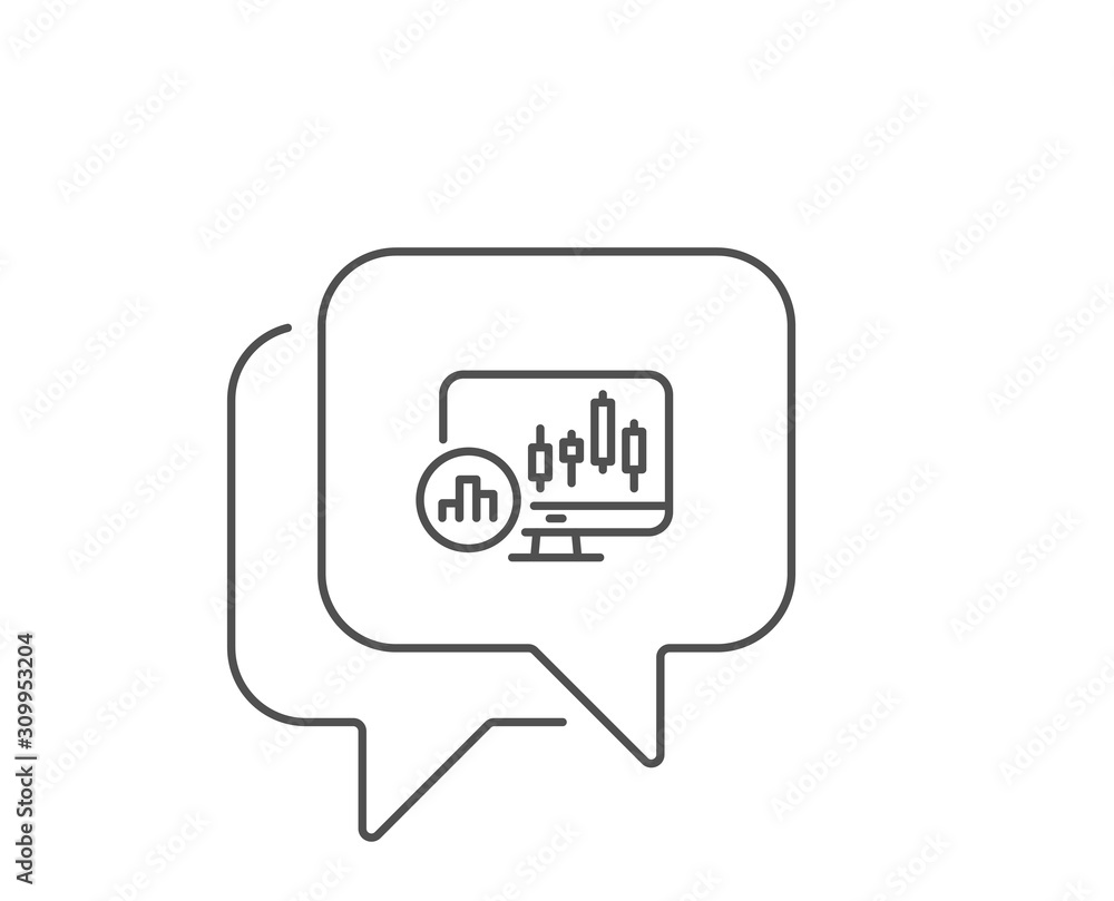 Candlestick chart line icon. Chat bubble design. Analytics graph sign. Market analytics symbol. Outline concept. Thin line candlestick chart icon. Vector Candlestick chart line icon. Chat bubble design. Analytics graph sign. Market analytics symbol. Outline concept. Thin line candlestick chart icon. Vector