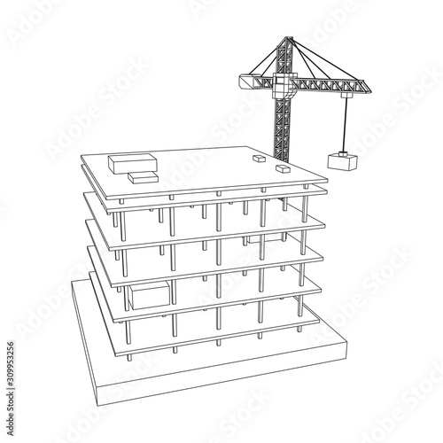 Building under construction with crane. Build house construct in process. Wireframe low poly mesh vector illustration