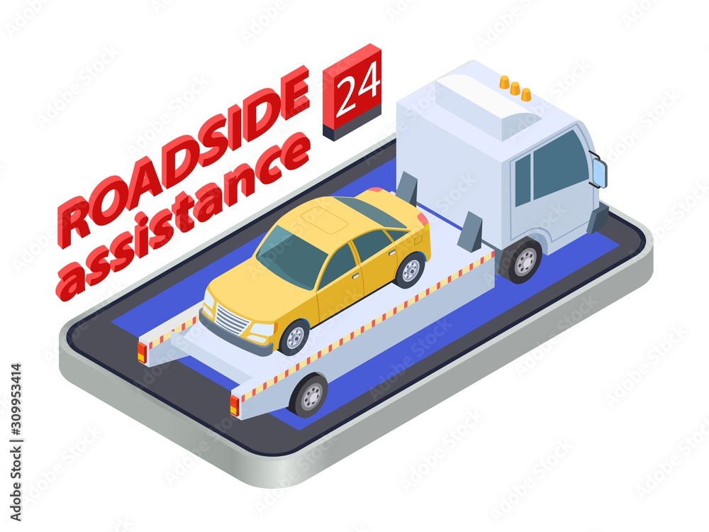 Road assistance concept. Isometric tow truck. Online roadside assistance, car service mobile app. Auto assistance, vehicle service roadside illustration Road assistance concept. Isometric tow truck. Online roadside assistance, car service mobile app. Auto assistance, vehicle service roadside illustration