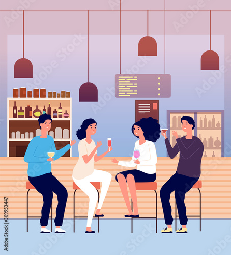 Friends in pub. Men and women drink alcohol shots and make toast. People talking and relaxing in bar vector cartoon concept. Illustration pub drink man and woman