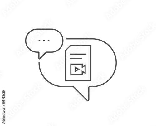 Document with Video content line icon. Chat bubble design. Vlog File with Camera sign. Paper page concept symbol. Outline concept. Thin line video file icon. Vector