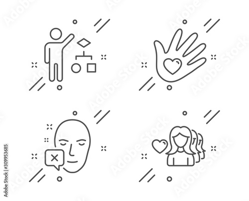Social responsibility, Face declined and Algorithm line icons set. Woman love sign. Helping hand, Identification error, Developers job. Romantic people. People set. Vector