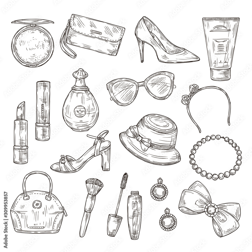 Sketch womens accessories. Female shoes, lady handbag and hat, mascara and  lipstick, perfume and earrings hand drawn vector set. Handbag and hat,  female fashion accessories illustration Stock Vector | Adobe Stock