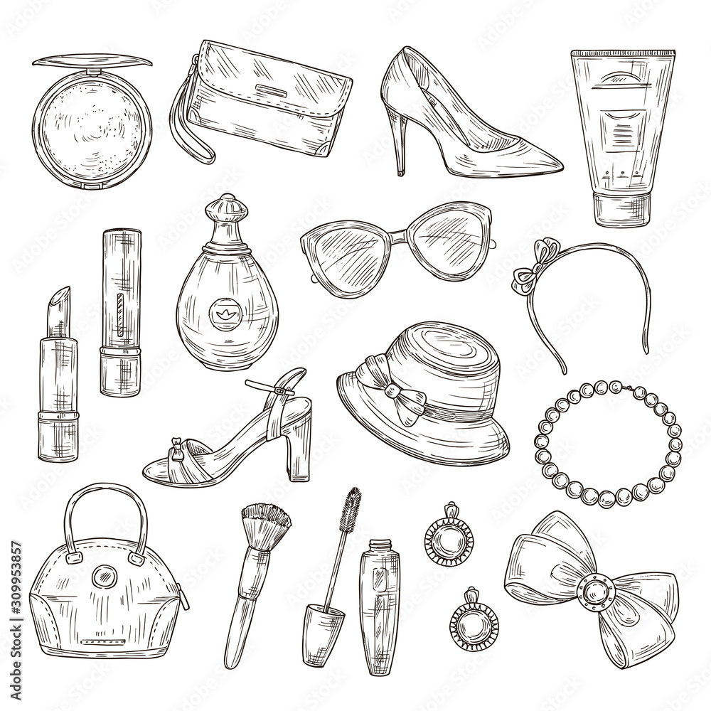 Sketch womens accessories. Female shoes lady handbag and hat