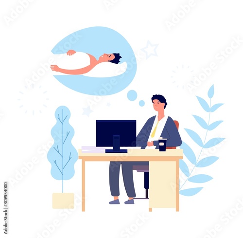 Sleepy man. Guy wishing sleep at office in morning. Tired adult sad person desirous rest. Cartoon vector manager at work character. Illustration person sleepy at work, tired man