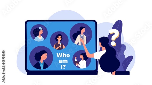 Career choice. Career opportunities illustration. Young woman chooses profession. Vector female student looking for work in laptop. Illustration career choice, opportunity and decision