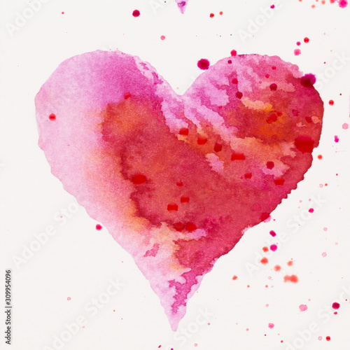 Watercolor painted pink heart, on the white watercolor paper. © gitusik