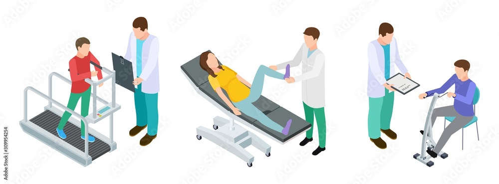 Physiotherapy rehabilitation. Patients and doctors in rehabilitation centre clinic. Isometric vector set of rehabilitation treatment, health patient physiotherapy illustration Physiotherapy rehabilitation. Patients and doctors in rehabilitation centre clinic. Isometric vector set of rehabilitation treatment, health patient physiotherapy illustration
