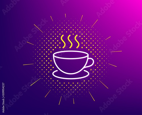 Coffee drink line icon. Halftone pattern. Hot cup sign. Fresh beverage symbol. Gradient background. Cappuccino line icon. Yellow halftone pattern. Vector