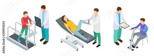 Physiotherapy rehabilitation. Patients and doctors in rehabilitation centre clinic. Isometric vector set of rehabilitation treatment, health patient physiotherapy illustration