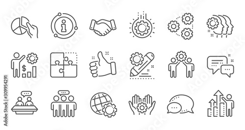 Employees benefits line icons. Business strategy, handshake and people collaboration. Teamwork, social responsibility, people relationship icons. Linear set. Quality line set. Vector
