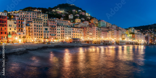 Panorama of colorful lights on Camogli waterfront