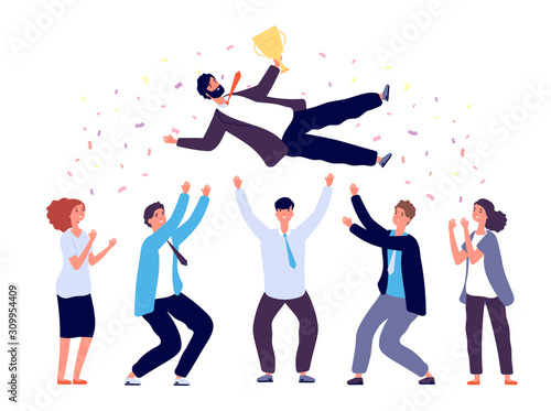 Team tossing man in air. Business people group celebrating success victory. Corporate achievement, winner award celebration, vector concept. Achievement award winner corporate teamwork illustration