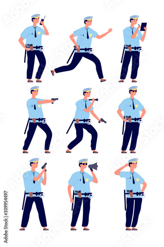 Policeman. American cop security officer, police patrol in uniform with gun. Professional guards cartoon characters vector set. Illustration officer cop, guard american professional in uniform