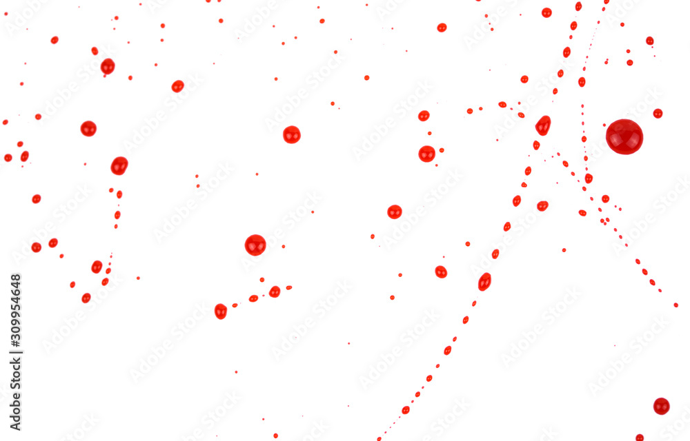 Bloody splashes and drops on a white background. Dripping and following red blood Bloody splashes and drops on a white background. Dripping and following red blood
