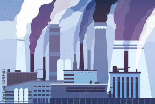 Smog pollution. Industrial factory pipes, heavy chemicals emission. Atmosphere toxic contamination, smoke clouds in air vector concept. Illustration atmosphere smog pollution, emission toxic warming