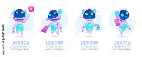 Chat bot banners set. Future marketing innovation, artificial intelligence digital technology, ai robot marketer financial business online consultation, customer support. Cartoon vector illustration