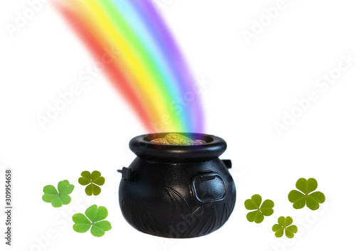 St.Patrick 's Day. Cauldron with gold, rainbow and clover leaves on a white background.
