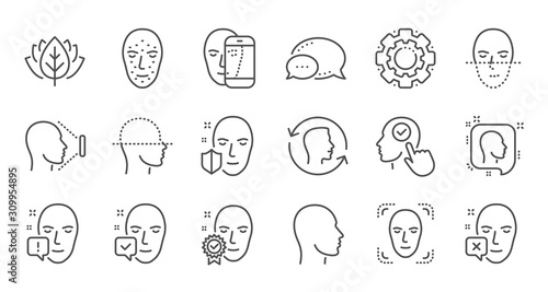 Face recognize line icons. Biometrics detection, Face id and scanning. Identification linear icon set. Quality line set. Vector