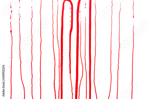 Dripping blood isolated on white background. Flowing red blood splashes, drops and trail