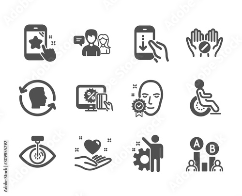 Set of People icons, such as Face verified, Scroll down, Medical tablet, Employee, People talking, Hold heart, Disability, Eye laser, Online shopping, Face id, Star rating, Ab testing. Vector