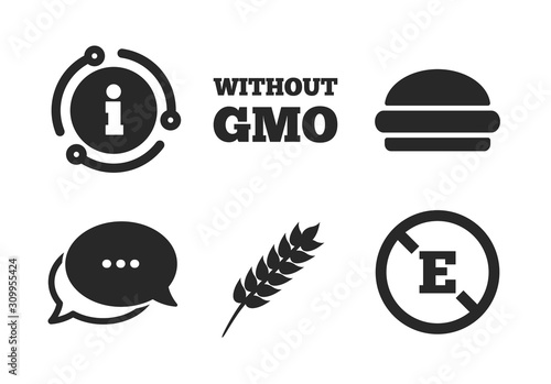 Hamburger fast food sign. Chat, info sign. Food additive icon. Gluten free and No GMO symbols. Without E acid stabilizers. Classic style speech bubble icon. Vector