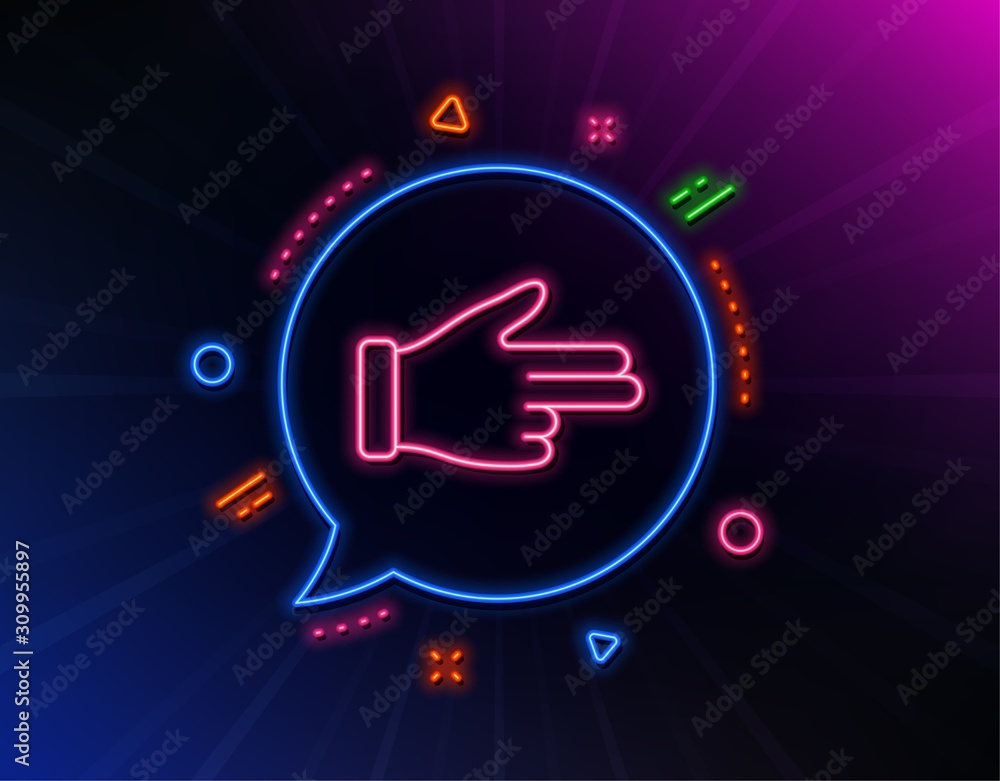 Click hand line icon. Neon laser lights. Two fingers palm sign. Direction gesture symbol. Glow laser speech bubble. Neon lights chat bubble. Banner badge with click hand icon. Vector Click hand line icon. Neon laser lights. Two fingers palm sign. Direction gesture symbol. Glow laser speech bubble. Neon lights chat bubble. Banner badge with click hand icon. Vector