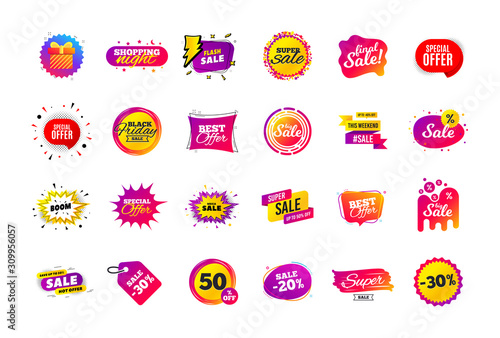 Sale banner badge. Special offer discount tags. Coupon shape templates design. Cyber monday sale discounts. Black friday shopping icons. Best ultimate offer badge. Super discount icons. Vector banners