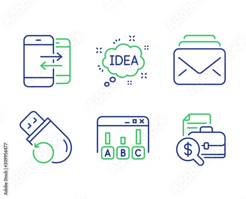 Mail, Survey results and Phone communication line icons set. Idea, Flash memory and Accounting report signs. New messages, Best answer, Incoming and outgoing calls. Creative message. Vector