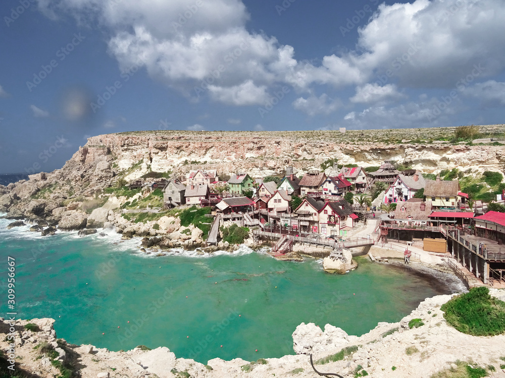View over Popeye village in the bay in Malta