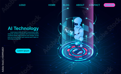 artificial intelligence robot technology. system analysis. big data processing. isometric vector neon dark