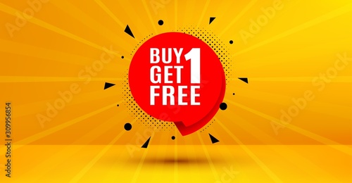 Discount banner tag. Buy 1 Get 1 Free badge. Coupon icon. Abstract yellow background. Modern concept design. Banner with offer badge. Vector