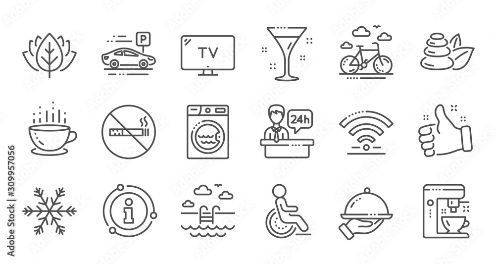 Hotel service line icons. Wi-Fi, Air conditioning and Coffee maker machine. Spa stones, swimming pool and hotel parking icons. Linear set. Quality line set. Vector