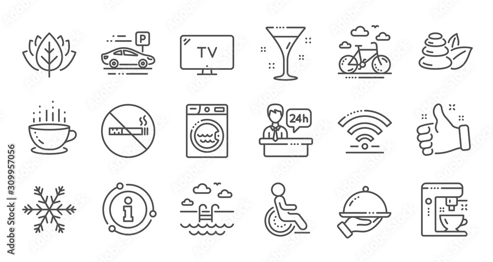 Hotel service line icons. Wi-Fi, Air conditioning and Coffee maker machine. Spa stones, swimming pool and hotel parking icons. Linear set. Quality line set. Vector Hotel service line icons. Wi-Fi, Air conditioning and Coffee maker machine. Spa stones, swimming pool and hotel parking icons. Linear set. Quality line set. Vector