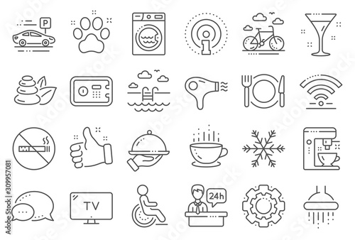 Hotel service line icons. Wi-Fi  Air conditioning and Coffee maker machine. Spa stones  swimming pool and bike rental icons. Hotel parking  safe and shower. Food  coffee cup. Line signs set. Vector