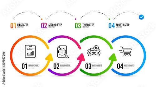 Delivery shopping sign. Infographics timeline. Analytics chart, Car leasing and Report document line icons set. Report analysis, Transport discount, Page with charts. Online buying. Vector