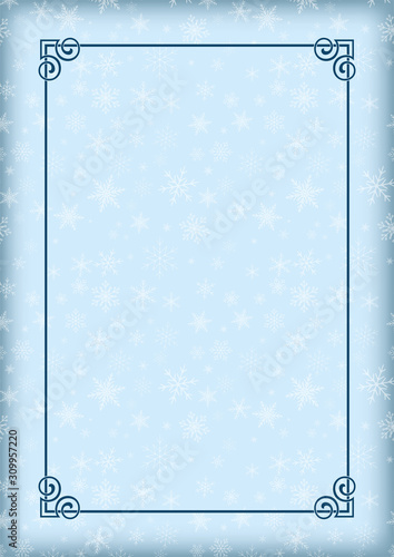 Decorative winter framework. Snowflakes on background and ornate border.