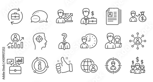 Human resources icons. Head Hunting, Job center and User. Interview linear icon set. Quality line set. Vector