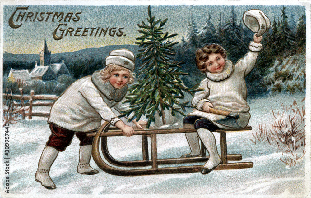 Vintage Christmas Postcard Greeting card, two happy young girls, white ...