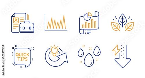 Share idea, Rainy weather and Organic tested line icons set. Report document, Vacancy and Line graph signs. Quick tips, Energy drops symbols. Solution, Water drop. Science set. Vector