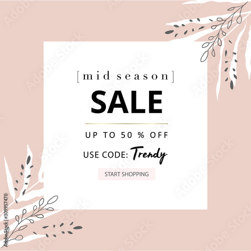 Social media banner template for advertising arrivals collection or seasonal sales promotion. trendy hand drawn floral tropical botanical elements details