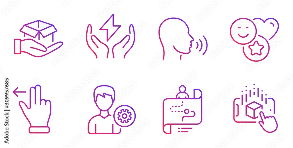 Hold box, Journey path and Safe energy line icons set. Support, Touchscreen gesture and Smile signs. Human sing, Augmented reality symbols. Delivery parcel, Project process. People set. Vector