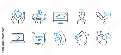 Fényképezés Set of Science icons, such as Employee hand, Quick tips, Doctor, Sharing economy, Medical help, Chemistry pipette, Water drop, Organic product, Cloud storage, Capsule pill line icons