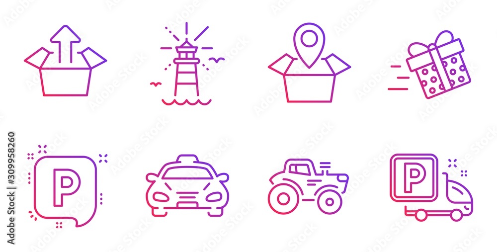 Lighthouse, Taxi and Tractor line icons set. Send box, Package location and Present delivery signs. Parking, Truck parking symbols. Navigation beacon, Public transportation. Vector Lighthouse, Taxi and Tractor line icons set. Send box, Package location and Present delivery signs. Parking, Truck parking symbols. Navigation beacon, Public transportation. Vector