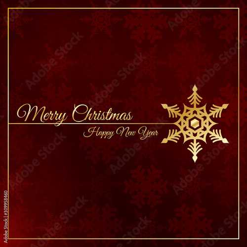 Exclusive and elegant Christmas card design with red background and snowflakes. Merry Christmas and Happy New Year text in gold. Square format.