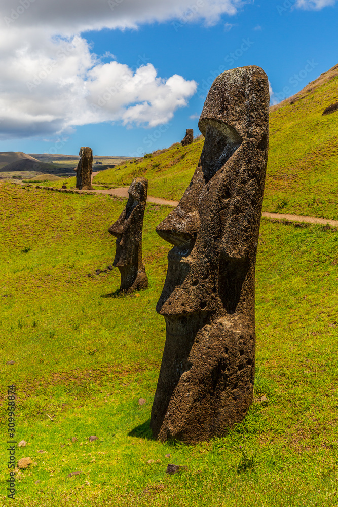 Moai statues in the Rano Raraku Volcano in Easter Island, Rapa Nui