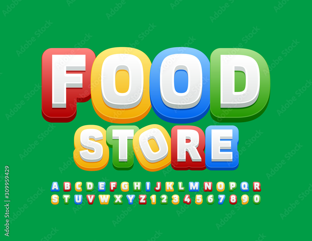 Vector bright sign Food Store with trendy Font. Colorful Alphabet Letters and Numbers. Vector bright sign Food Store with trendy Font. Colorful Alphabet Letters and Numbers.