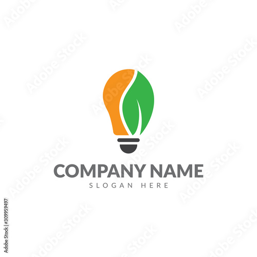 Green energy logo with light bulb and leaf vector design template